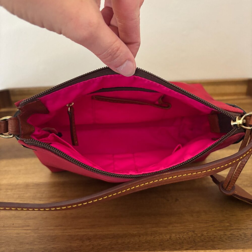 Dooney & Bourke Red Nylon Brown Leather Pouchette Mini Bag - Picture 9 of 12